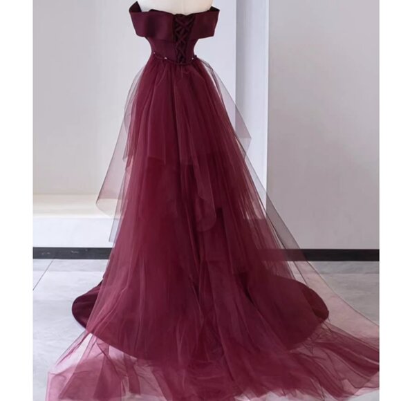Regal Burgundy Off-Shoulder Mermaid Gown with Corset Back - Picture 6 of 13